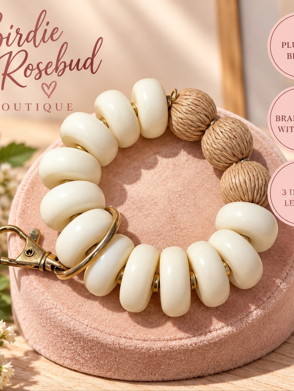 Ivory Chunky Beaded Wristlet Keychain | Neutral Boho Style